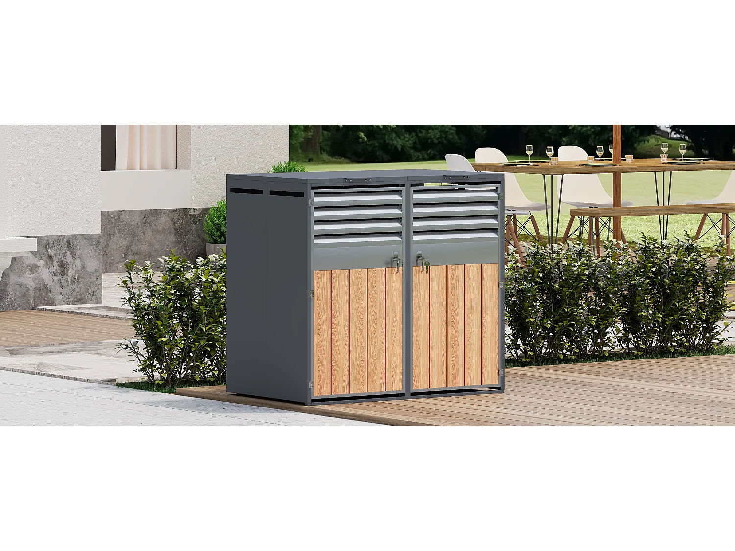 Abri pour 2 poubelles de jardin - 132 x 80 x 118.5 cm - avec couvercle à charnières + verrouillable + 2 portes - métal - gris + naturel