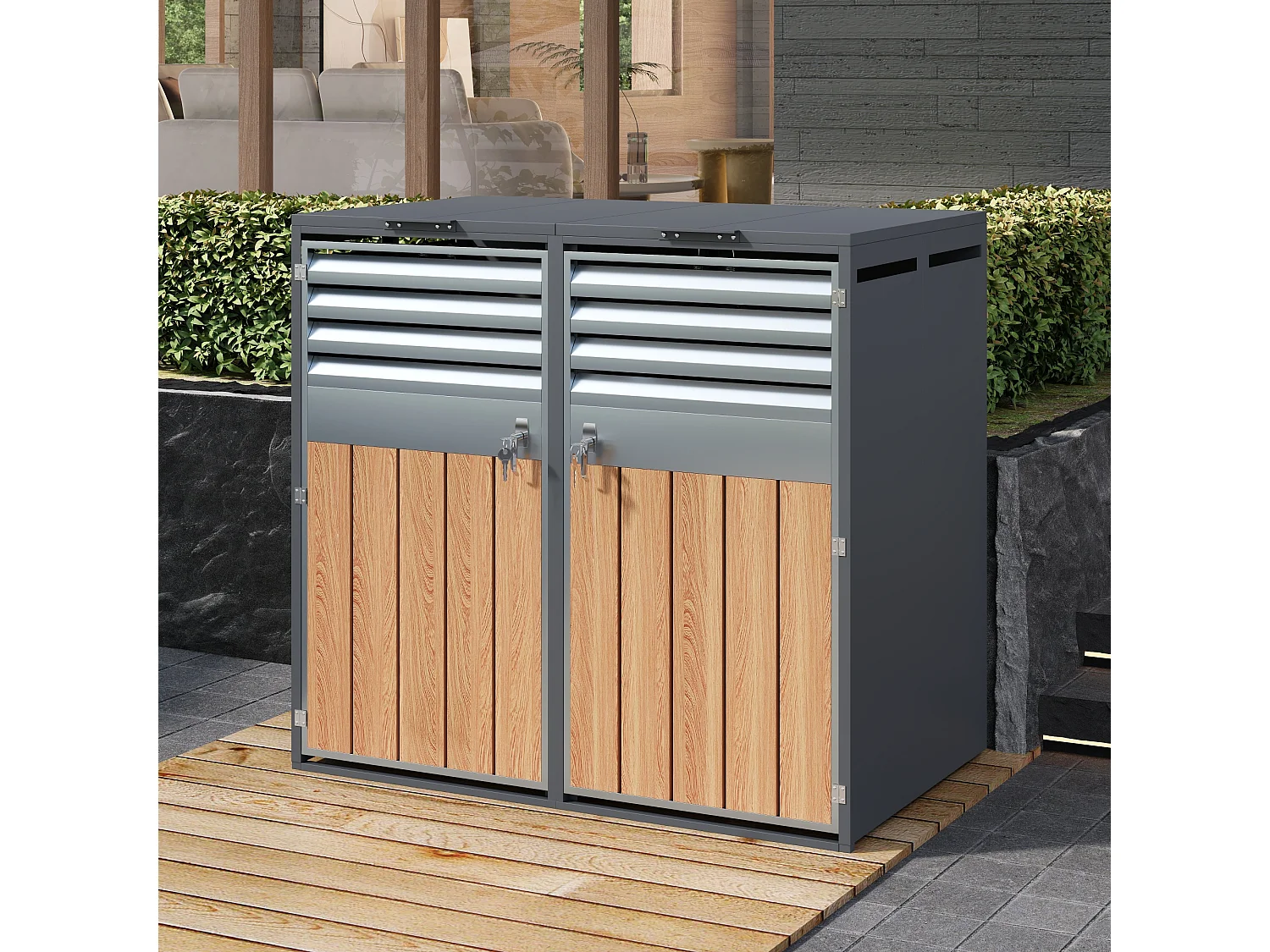 Abri pour 2 poubelles de jardin - 132 x 80 x 118.5 cm - avec couvercle à charnières + verrouillable + 2 portes - métal - gris + naturel