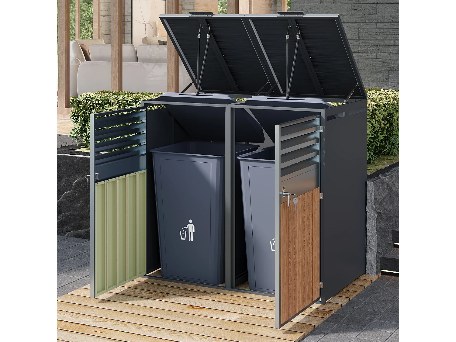 Abri pour 2 poubelles de jardin - 132 x 80 x 118.5 cm - avec couvercle à charnières + verrouillable + 2 portes - métal - gris + naturel