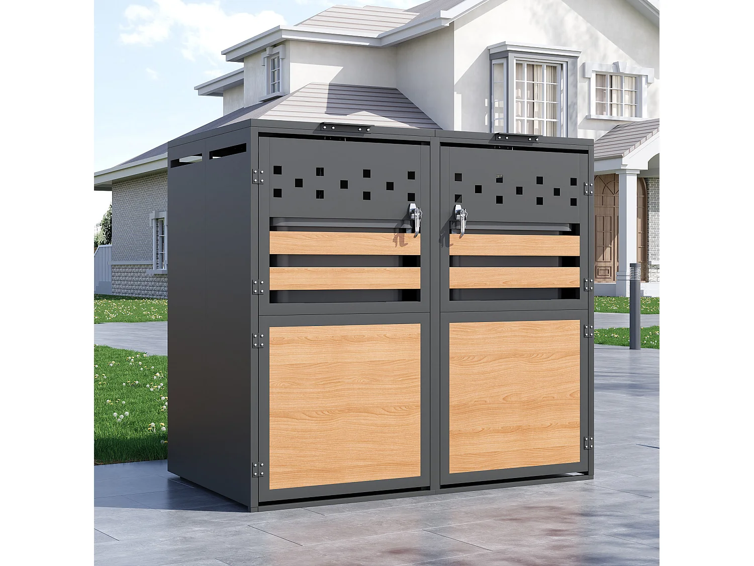 Abri pour 2 poubelles de jardin - 132 x 80 x 120 cm - avec couvercle à charnières + verrouillable + 2 portes - métal - gris + naturel