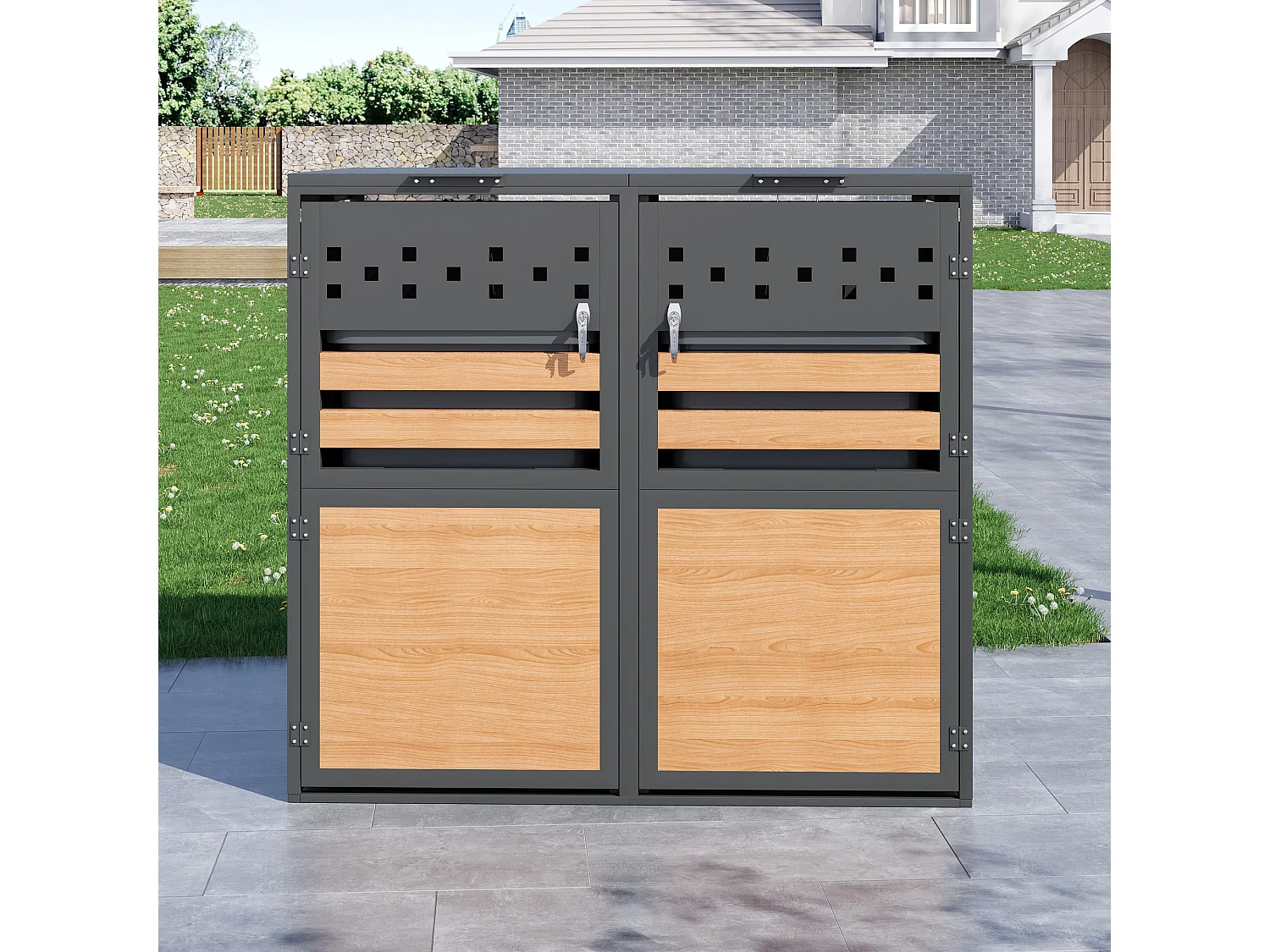 Abri pour 2 poubelles de jardin - 132 x 80 x 120 cm - avec couvercle à charnières + verrouillable + 2 portes - métal - gris + naturel