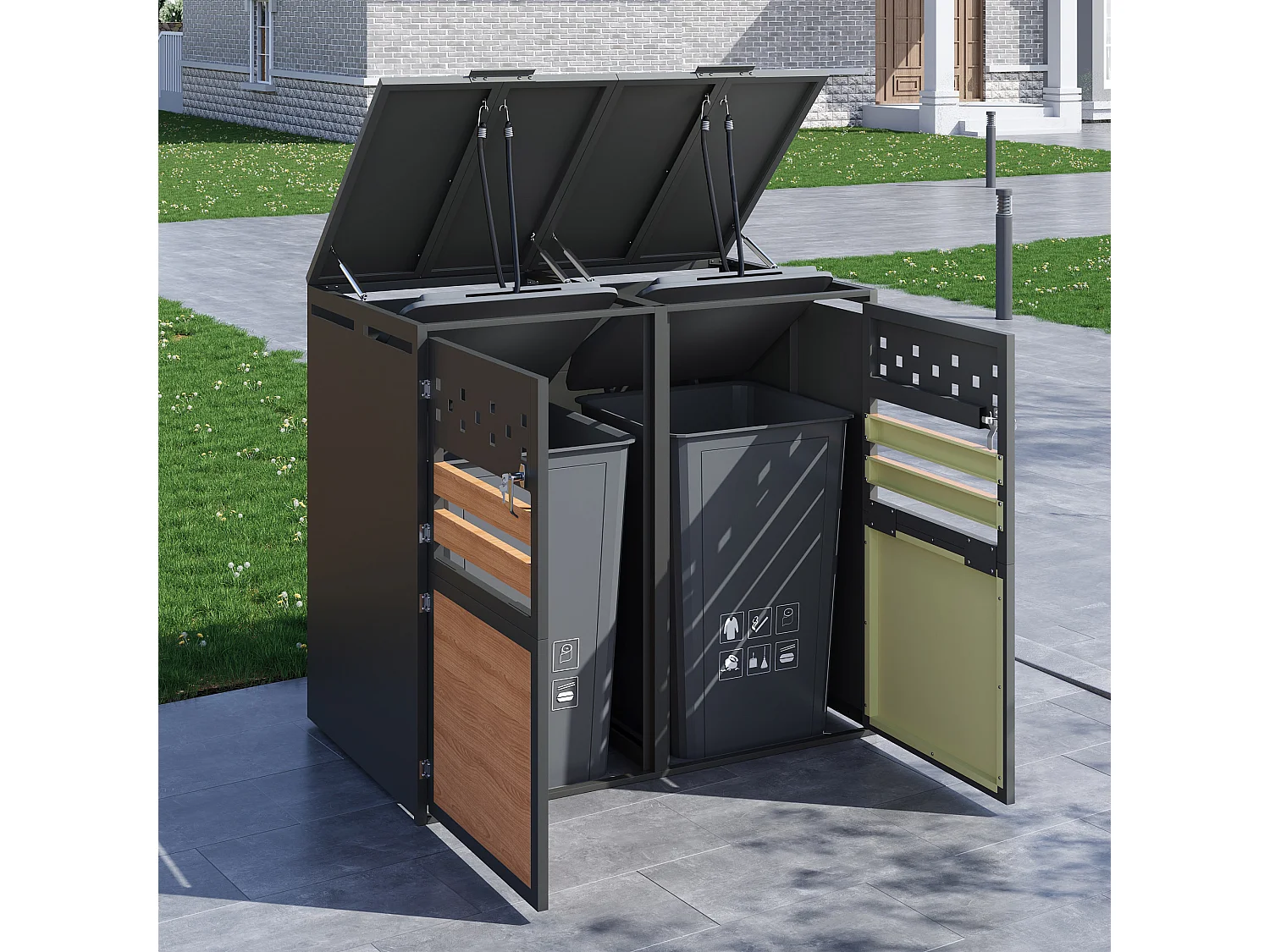 Abri pour 2 poubelles de jardin - 132 x 80 x 120 cm - avec couvercle à charnières + verrouillable + 2 portes - métal - gris + naturel