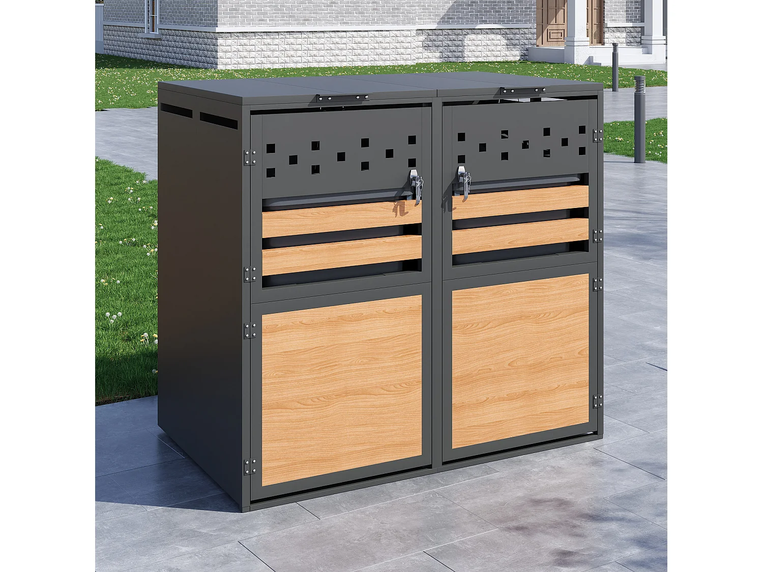 Abri pour 2 poubelles de jardin - 132 x 80 x 120 cm - avec couvercle à charnières + verrouillable + 2 portes - métal - gris + naturel