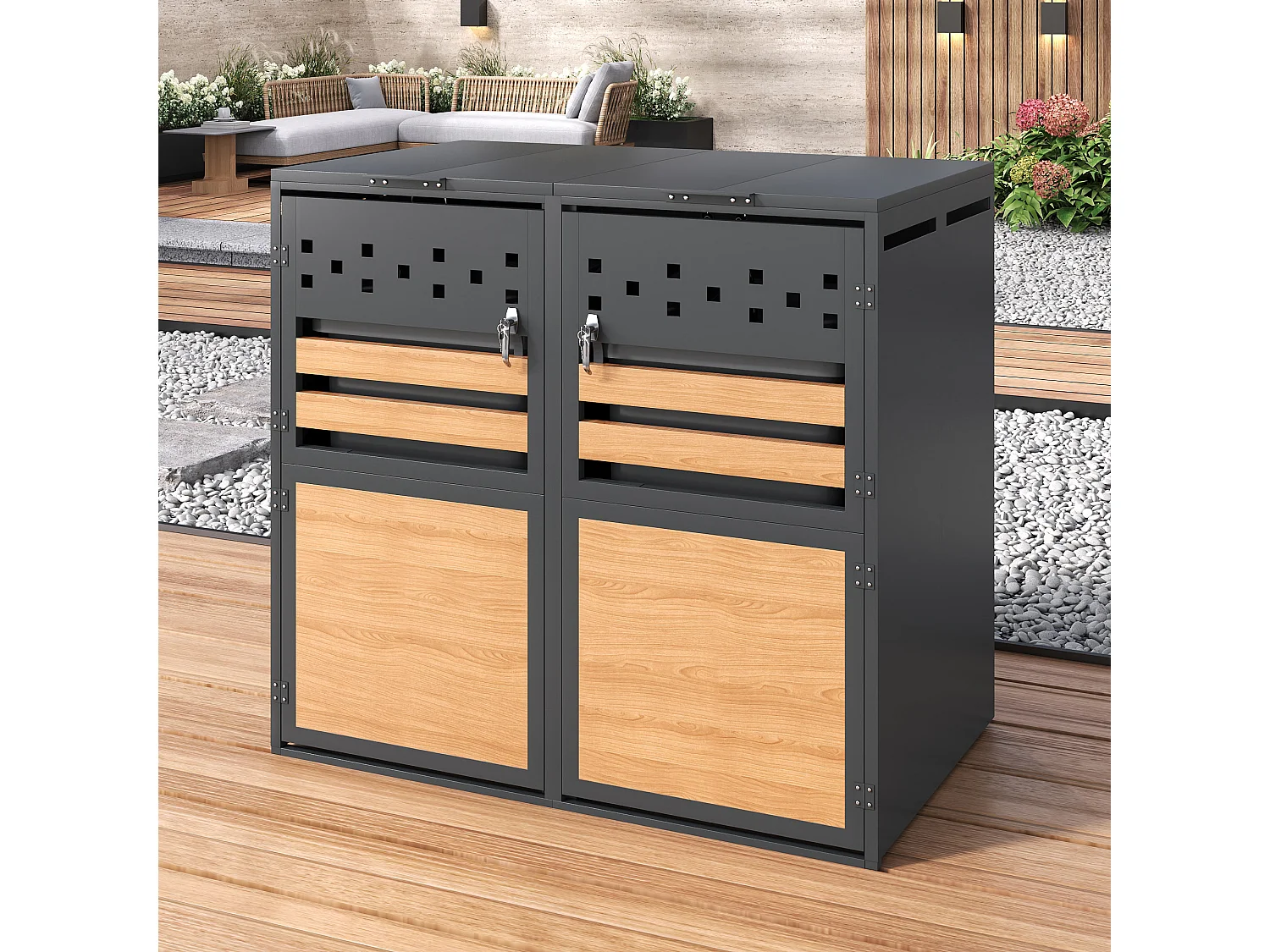 Abri pour 2 poubelles de jardin - 132 x 80 x 120 cm - avec couvercle à charnières + verrouillable + 2 portes - métal - gris + naturel