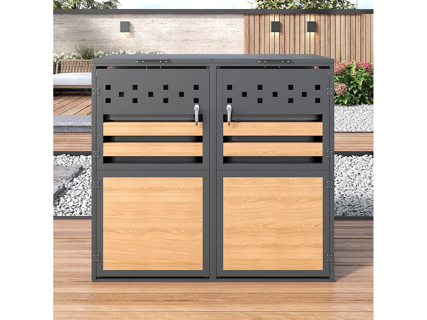 Abri pour 2 poubelles de jardin - 132 x 80 x 120 cm - avec couvercle à charnières + verrouillable + 2 portes - métal - gris + naturel