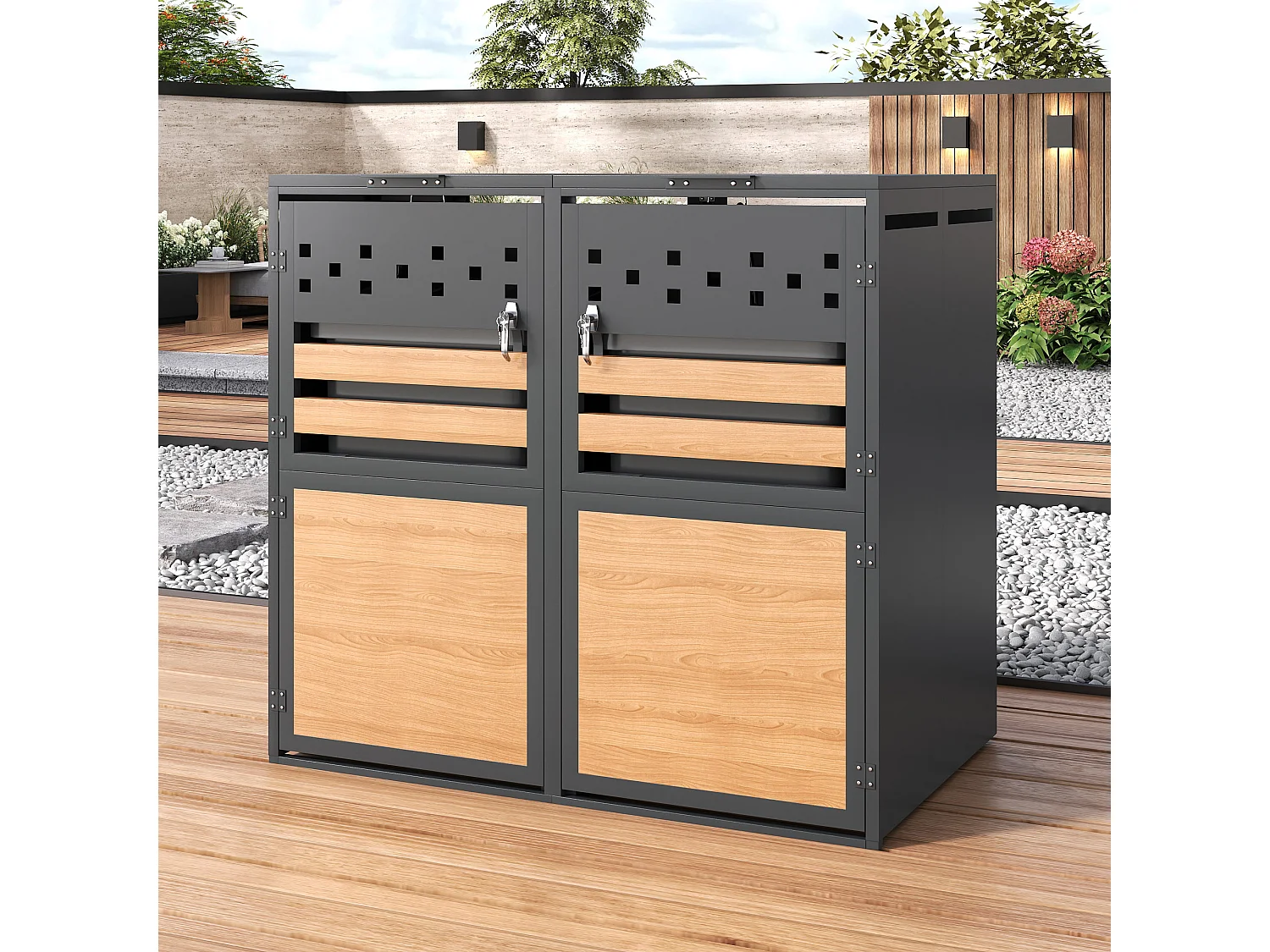 Abri pour 2 poubelles de jardin - 132 x 80 x 120 cm - avec couvercle à charnières + verrouillable + 2 portes - métal - gris + naturel