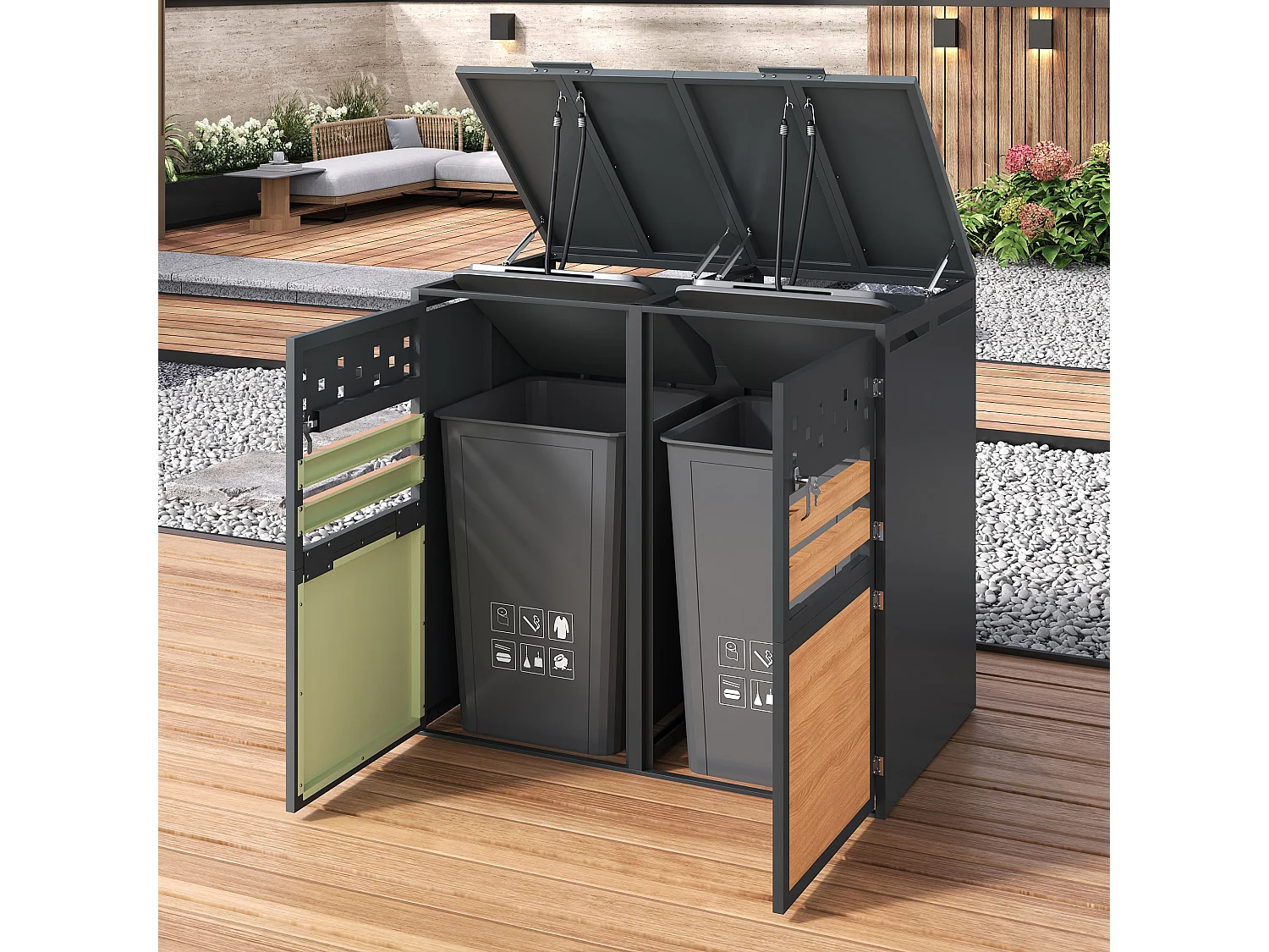 Abri pour 2 poubelles de jardin - 132 x 80 x 120 cm - avec couvercle à charnières + verrouillable + 2 portes - métal - gris + naturel