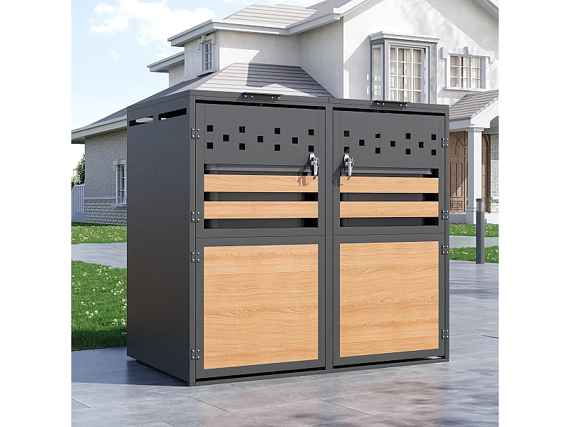 Abri pour 2 poubelles de jardin - 132 x 80 x 120 cm - avec couvercle à charnières + verrouillable + 2 portes - métal - gris + naturel