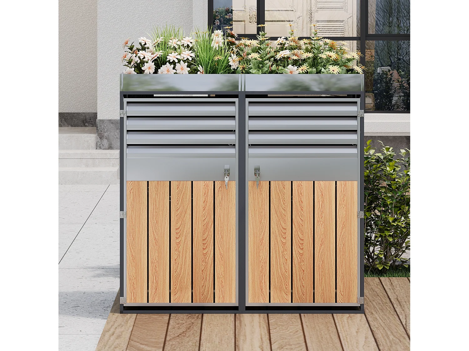 Abri pour 2 poubelles de jardin - 132 x 80 x 124.5 cm - avec persiennes + verrouillable + 2 portes + plantation - métal - gris + naturel