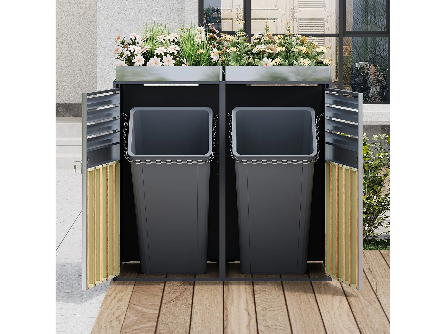 Abri pour 2 poubelles de jardin - 132 x 80 x 124.5 cm - avec persiennes + verrouillable + 2 portes + plantation - métal - gris + naturel