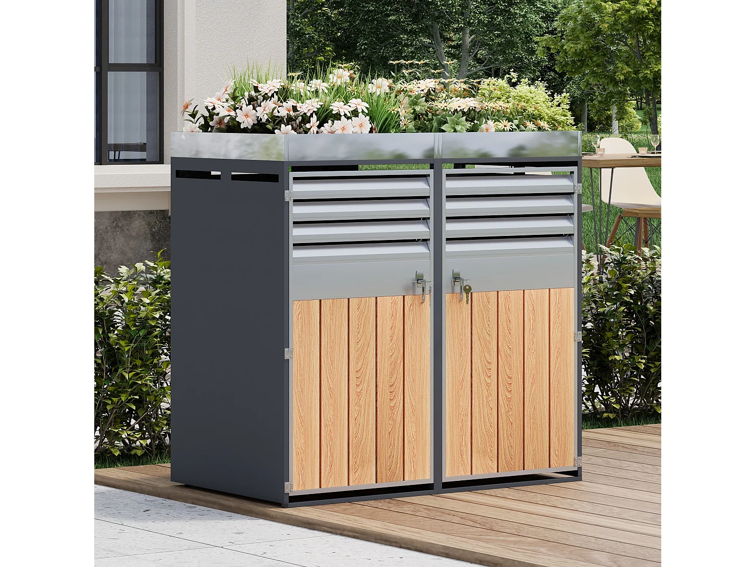 Abri pour 2 poubelles de jardin - 132 x 80 x 124.5 cm - avec persiennes + verrouillable + 2 portes + plantation - métal - gris + naturel