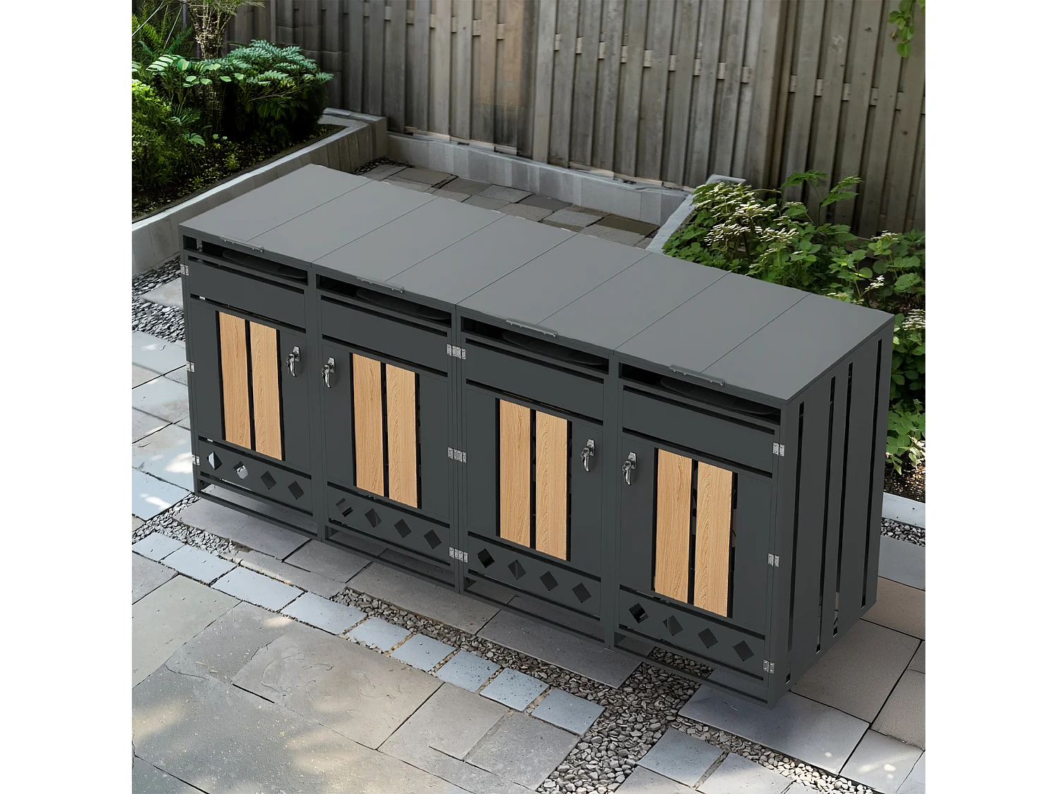 Abri pour 4 poubelles de jardin - 2 x 132 x 80 x 118.5 cm - avec couvercle à charnières + verrouillable + 2 portes - métal - gris + naturel