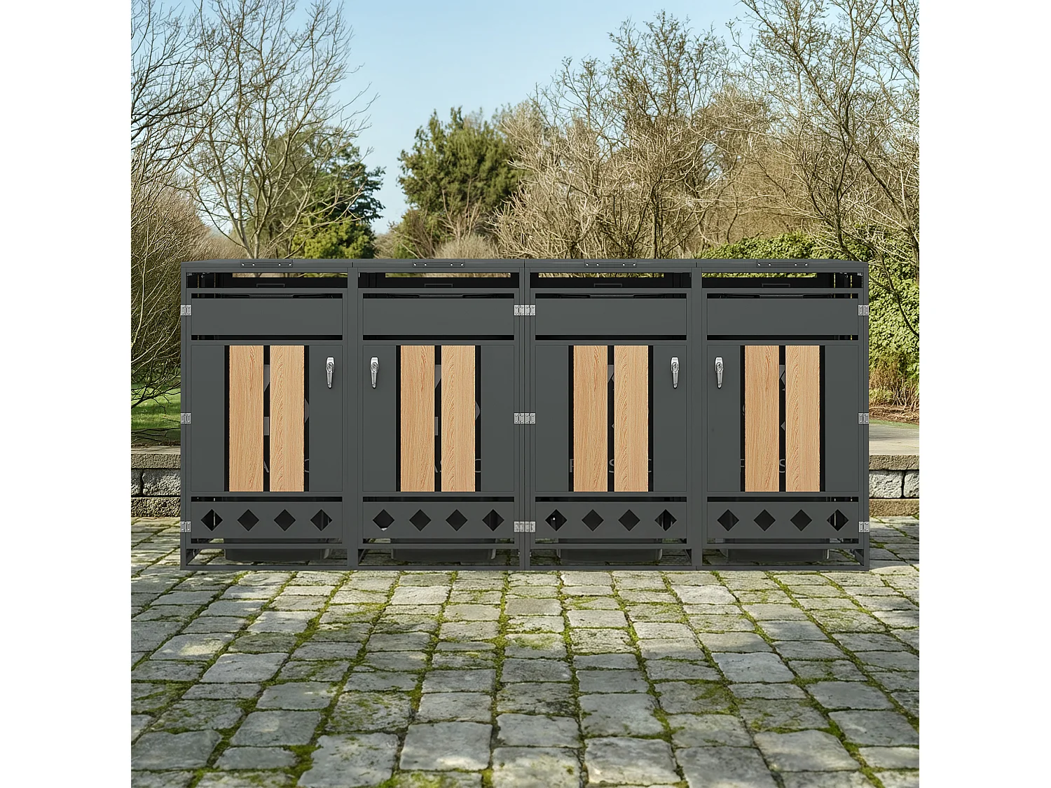 Abri pour 4 poubelles de jardin - 2 x 132 x 80 x 118.5 cm - avec couvercle à charnières + verrouillable + 2 portes - métal - gris + naturel