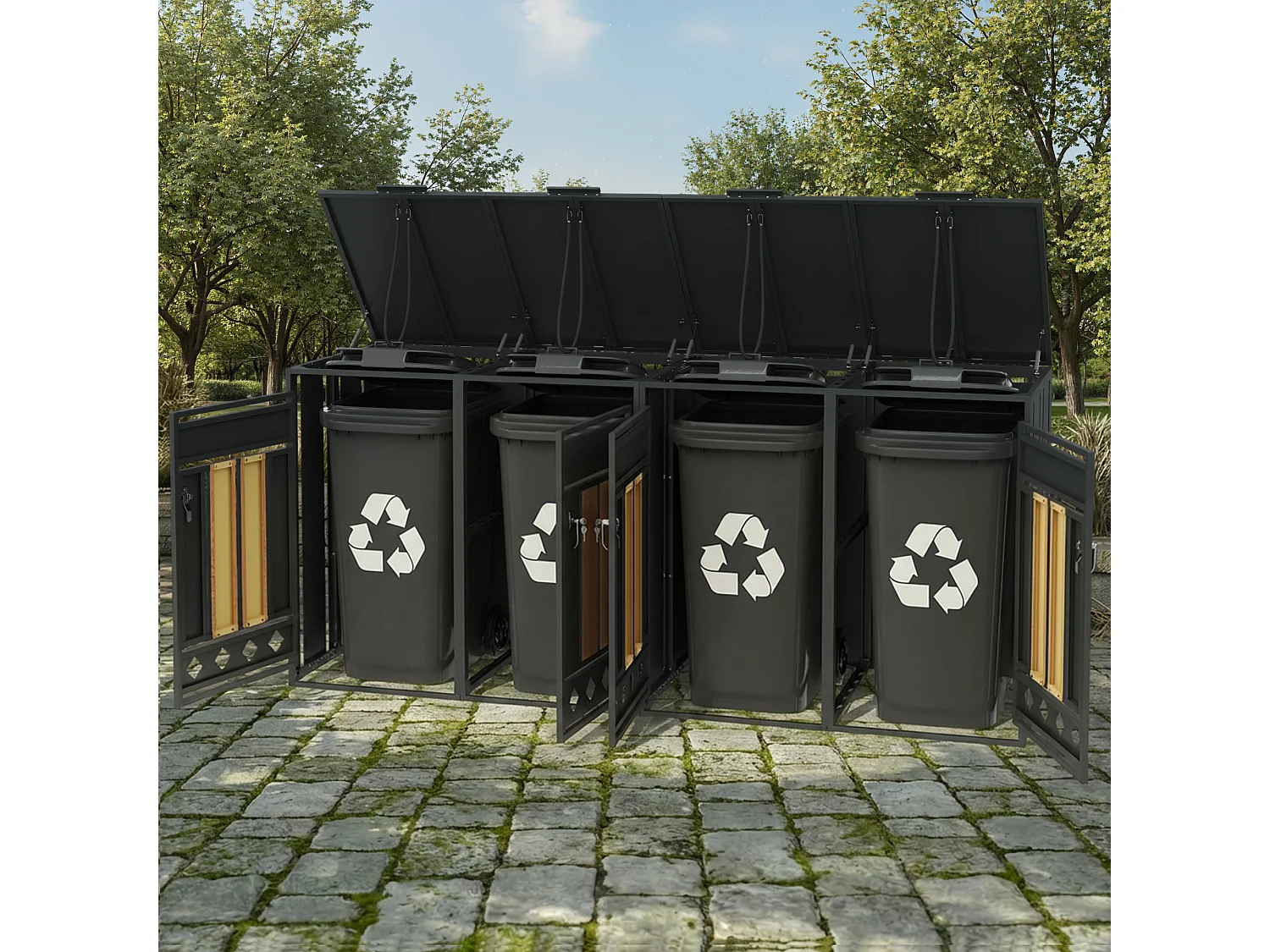 Abri pour 4 poubelles de jardin - 2 x 132 x 80 x 118.5 cm - avec couvercle à charnières + verrouillable + 2 portes - métal - gris + naturel