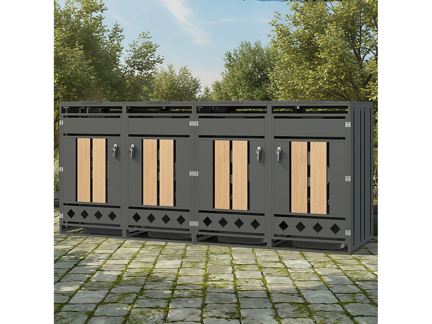 Abri pour 4 poubelles de jardin - 2 x 132 x 80 x 118.5 cm - avec couvercle à charnières + verrouillable + 2 portes - métal - gris + naturel