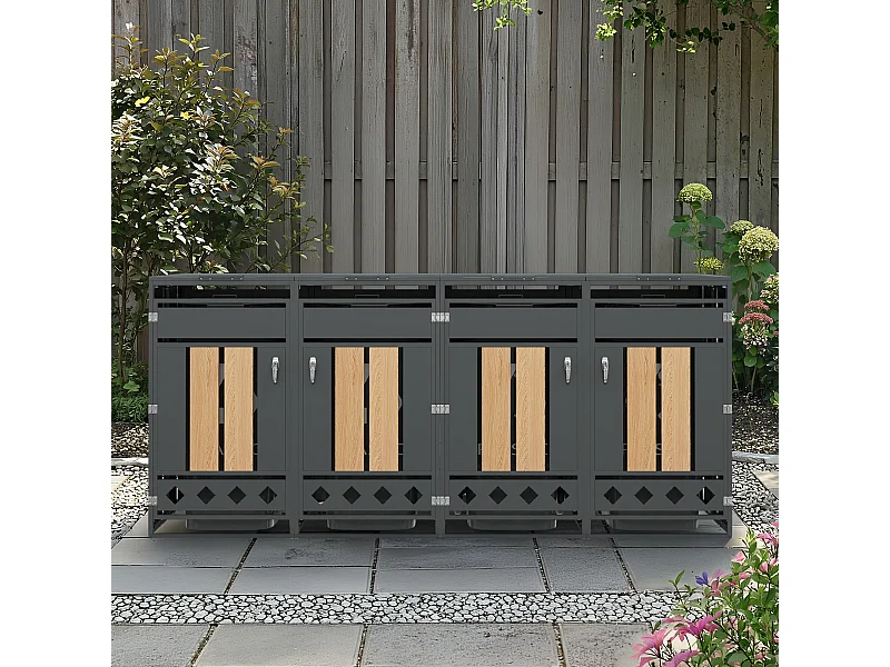 Abri pour 4 poubelles de jardin - 2 x 132 x 80 x 118.5 cm - avec couvercle à charnières + verrouillable + 2 portes - métal - gris + naturel
