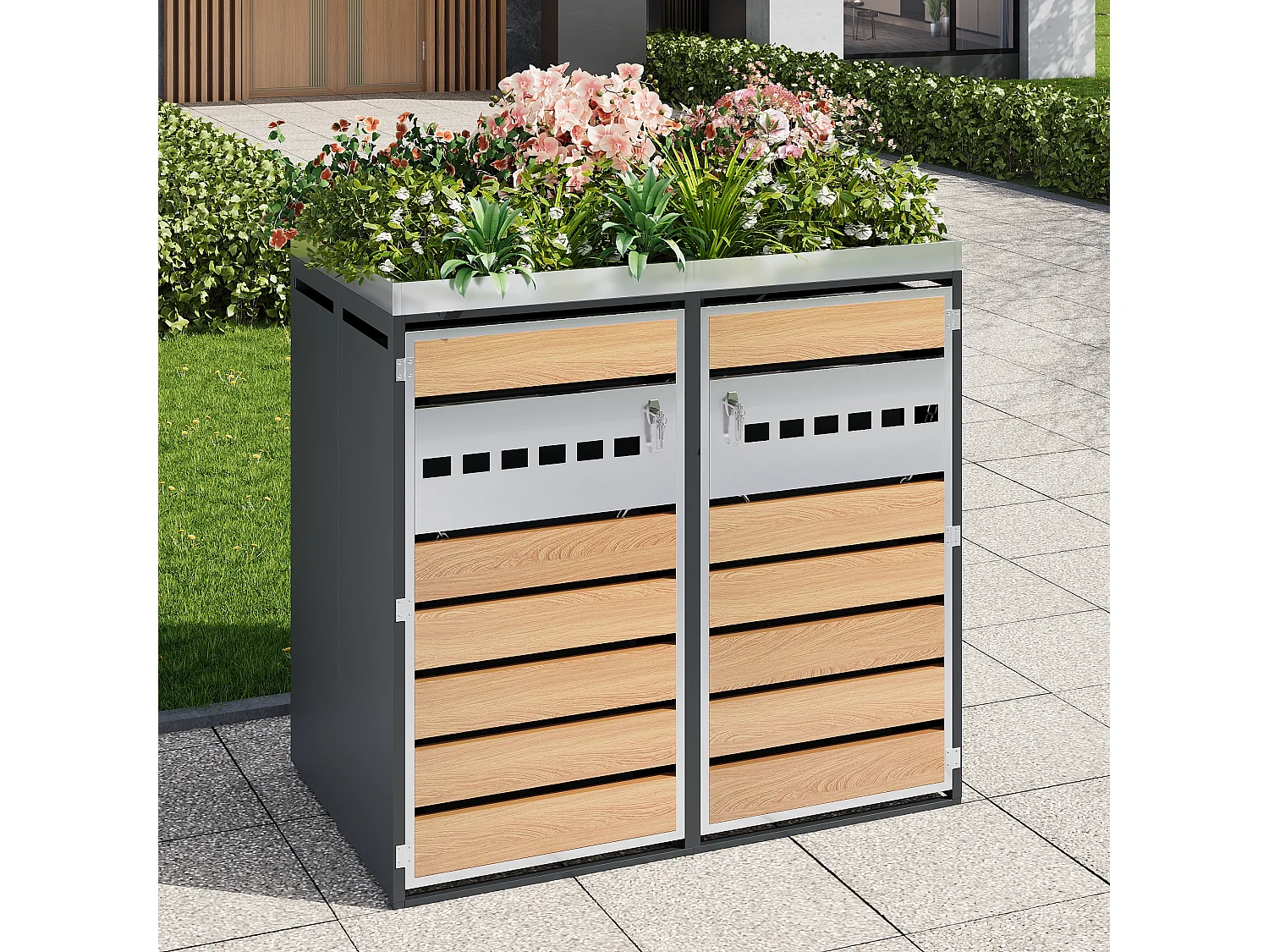 Abri pour 2 poubelles de jardin - 132 x 80 x 124.5 cm - avec 2 portes + plantation + verrouillable - métal - gris + naturel