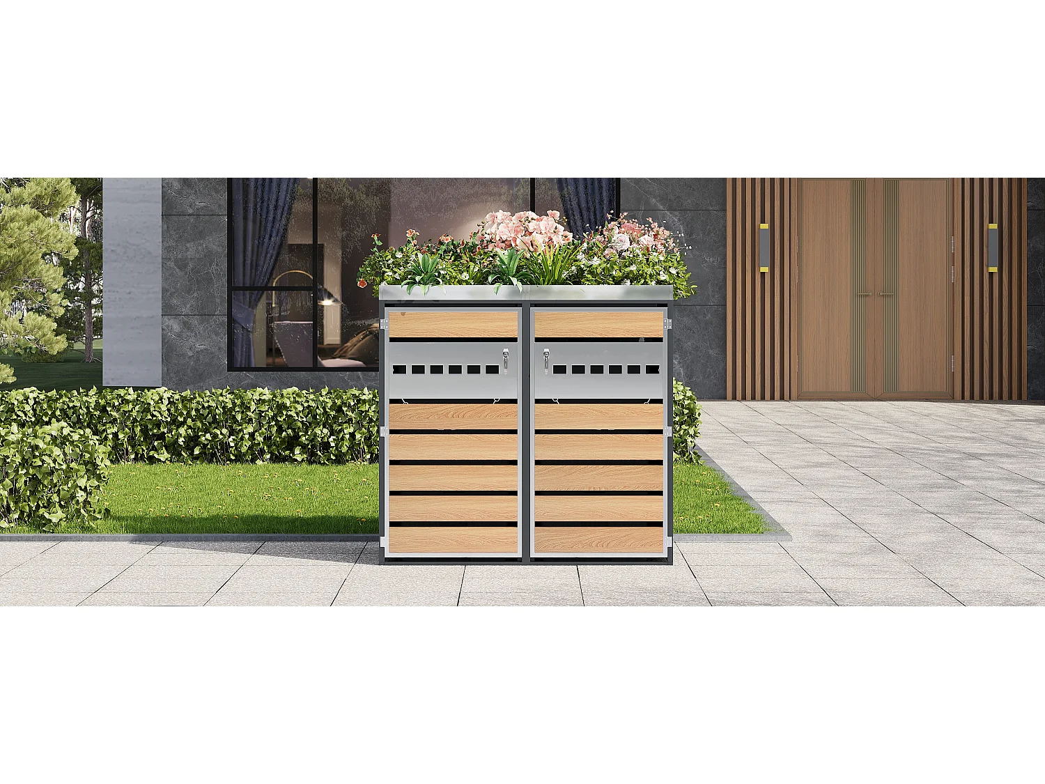 Abri pour 2 poubelles de jardin - 132 x 80 x 124.5 cm - avec 2 portes + plantation + verrouillable - métal - gris + naturel