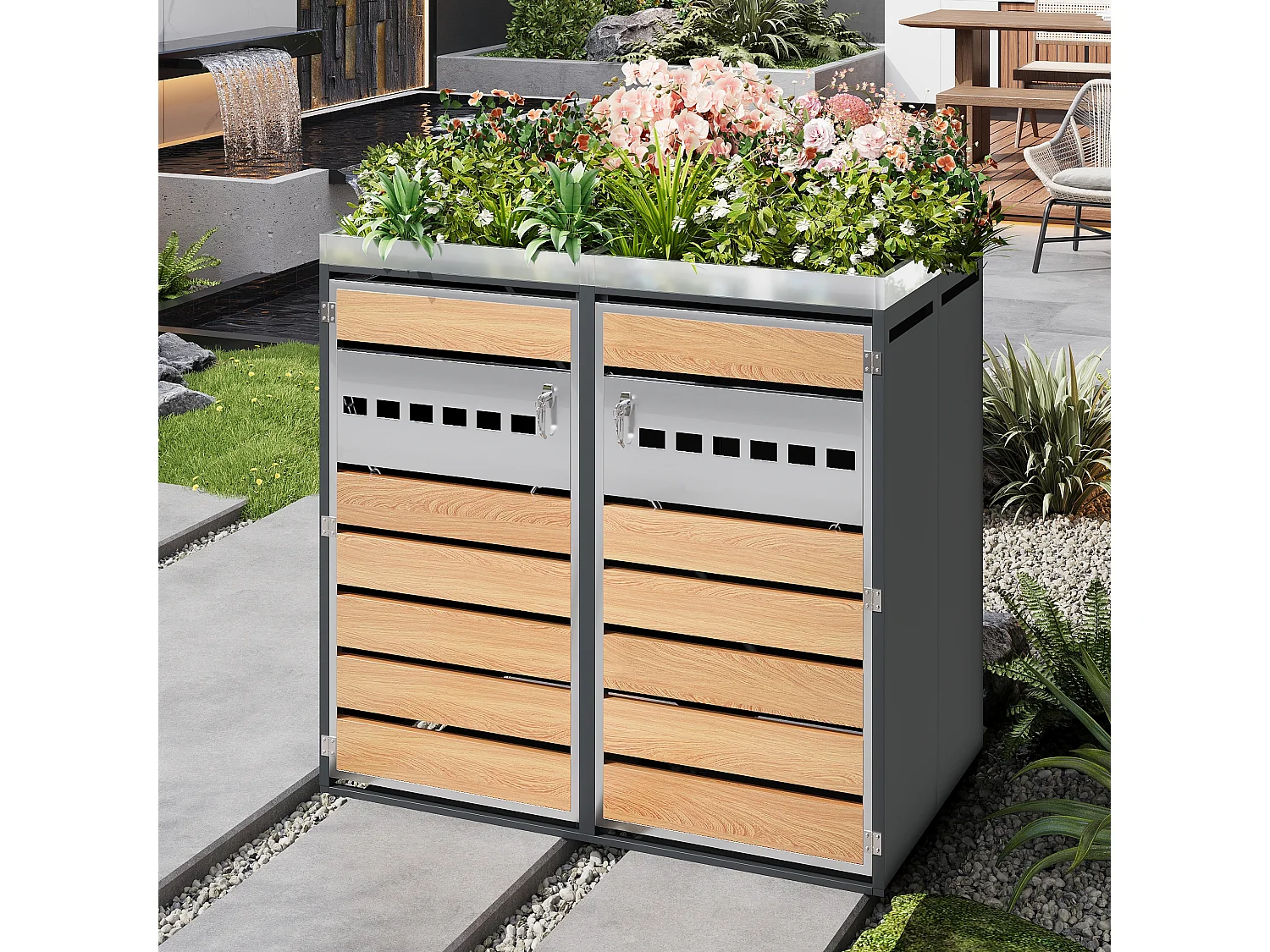 Abri pour 2 poubelles de jardin - 132 x 80 x 124.5 cm - avec 2 portes + plantation + verrouillable - métal - gris + naturel