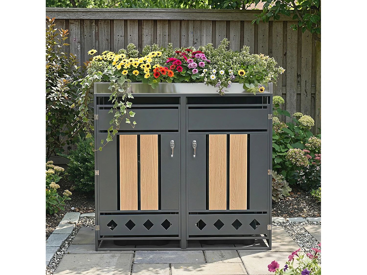 Abri pour 2 poubelles de jardin - 132 x 80 x 124.5 cm - avec verrouillable + 2 portes + plantation - métal - gris + naturel