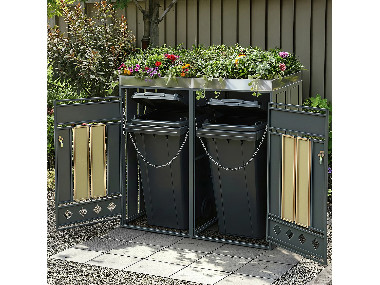 Abri pour 2 poubelles de jardin - 132 x 80 x 124.5 cm - avec verrouillable + 2 portes + plantation - métal - gris + naturel