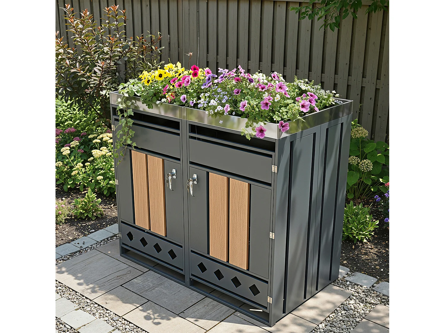 Abri pour 2 poubelles de jardin - 132 x 80 x 124.5 cm - avec verrouillable + 2 portes + plantation - métal - gris + naturel