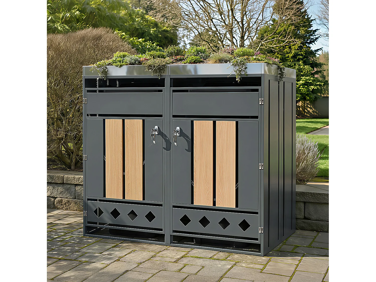 Abri pour 2 poubelles de jardin - 132 x 80 x 124.5 cm - avec verrouillable + 2 portes + plantation - métal - gris + naturel