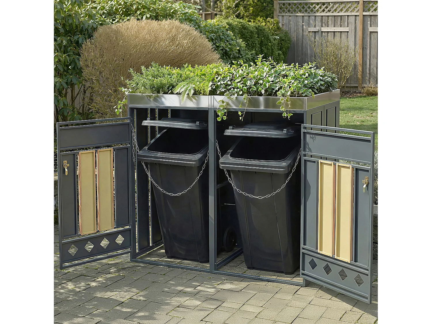 Abri pour 2 poubelles de jardin - 132 x 80 x 124.5 cm - avec verrouillable + 2 portes + plantation - métal - gris + naturel