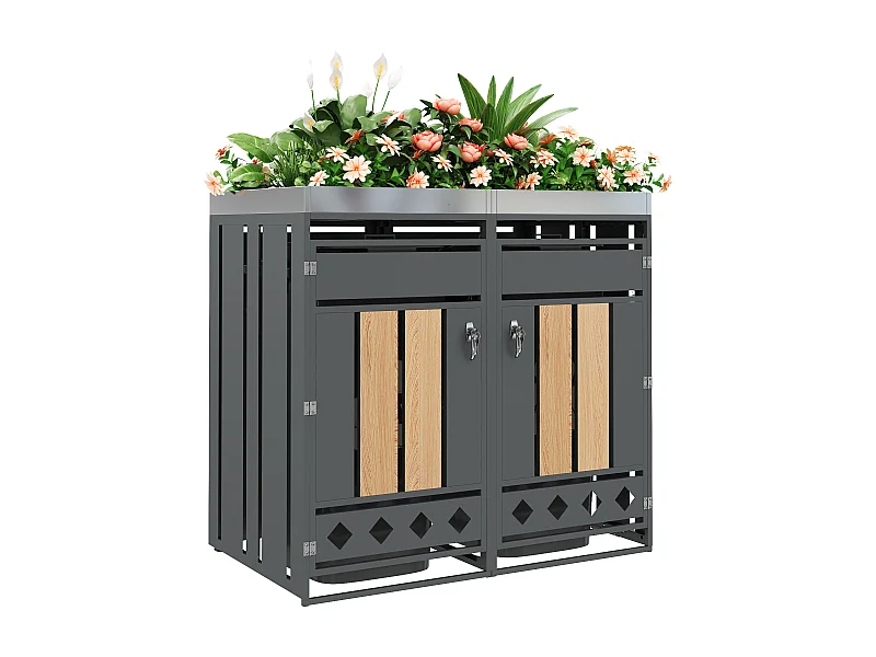 Abri pour 2 poubelles de jardin - 132 x 80 x 124.5 cm - avec verrouillable + 2 portes + plantation - métal - gris + naturel