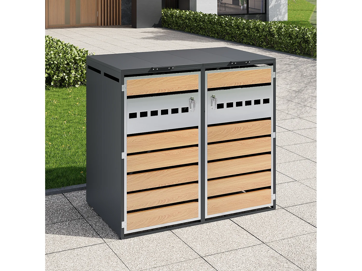 Abri pour 2 poubelles de jardin - 132 x 80 x 118.5 cm - avec couvercle à charnières + verrouillable + 2 portes - métal - gris + naturel