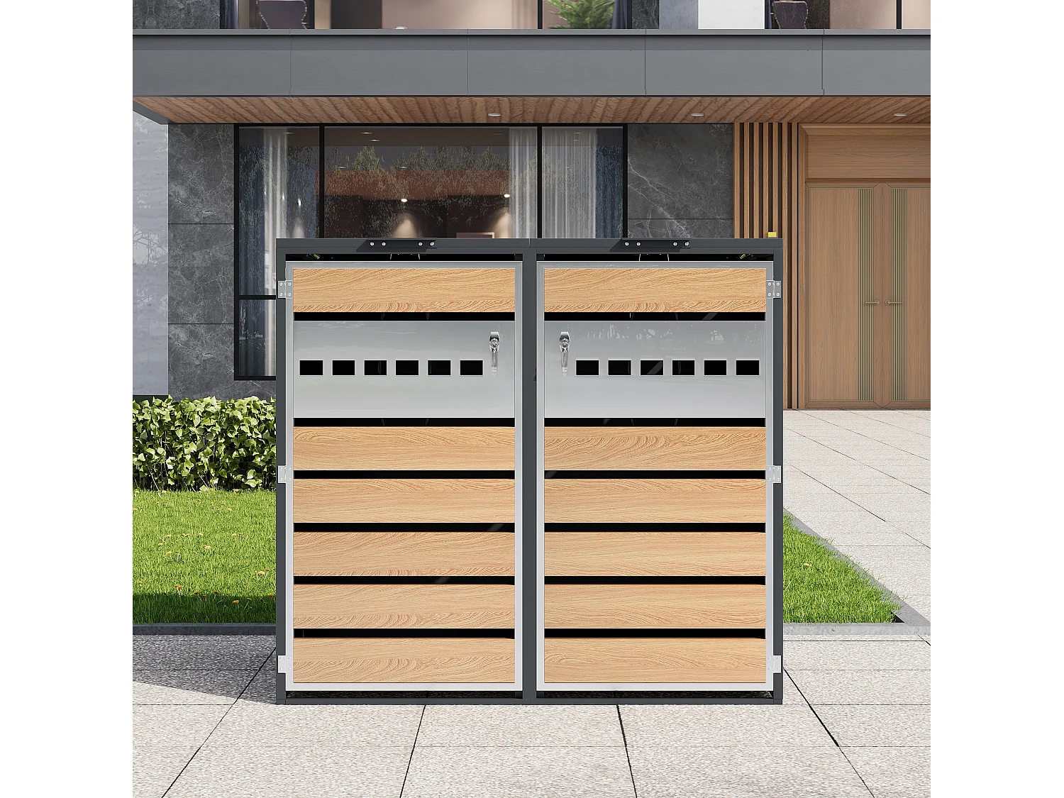 Abri pour 2 poubelles de jardin - 132 x 80 x 118.5 cm - avec couvercle à charnières + verrouillable + 2 portes - métal - gris + naturel