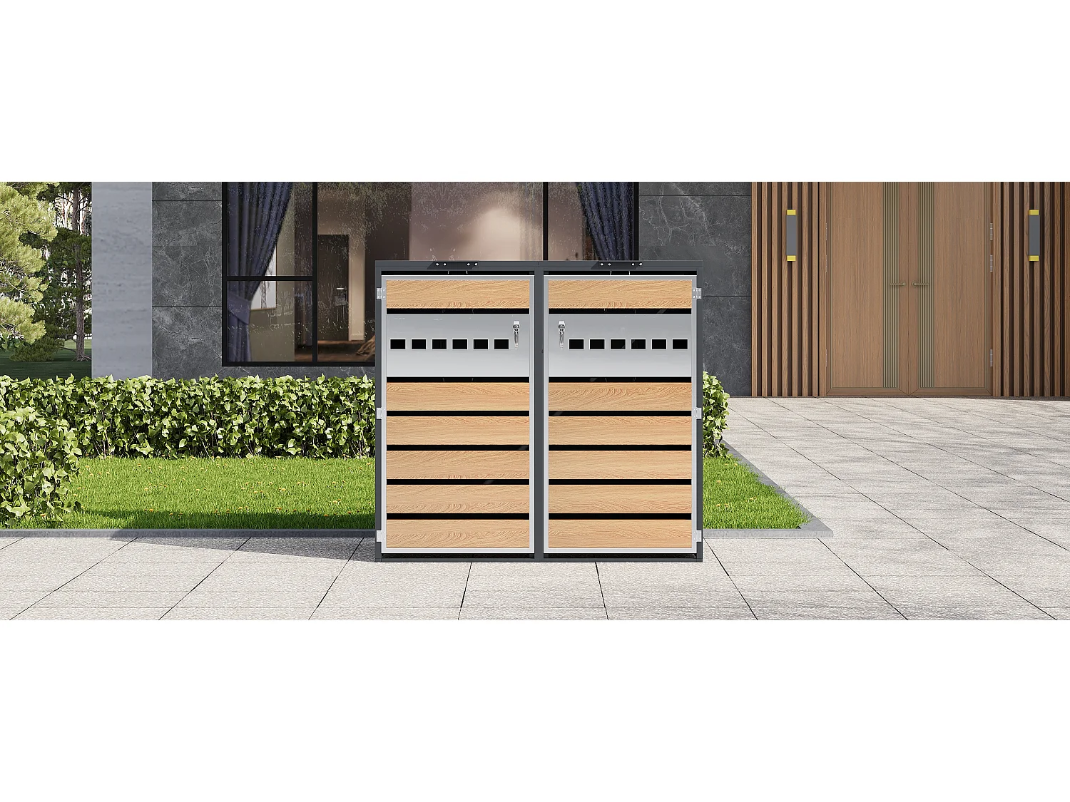 Abri pour 2 poubelles de jardin - 132 x 80 x 118.5 cm - avec couvercle à charnières + verrouillable + 2 portes - métal - gris + naturel