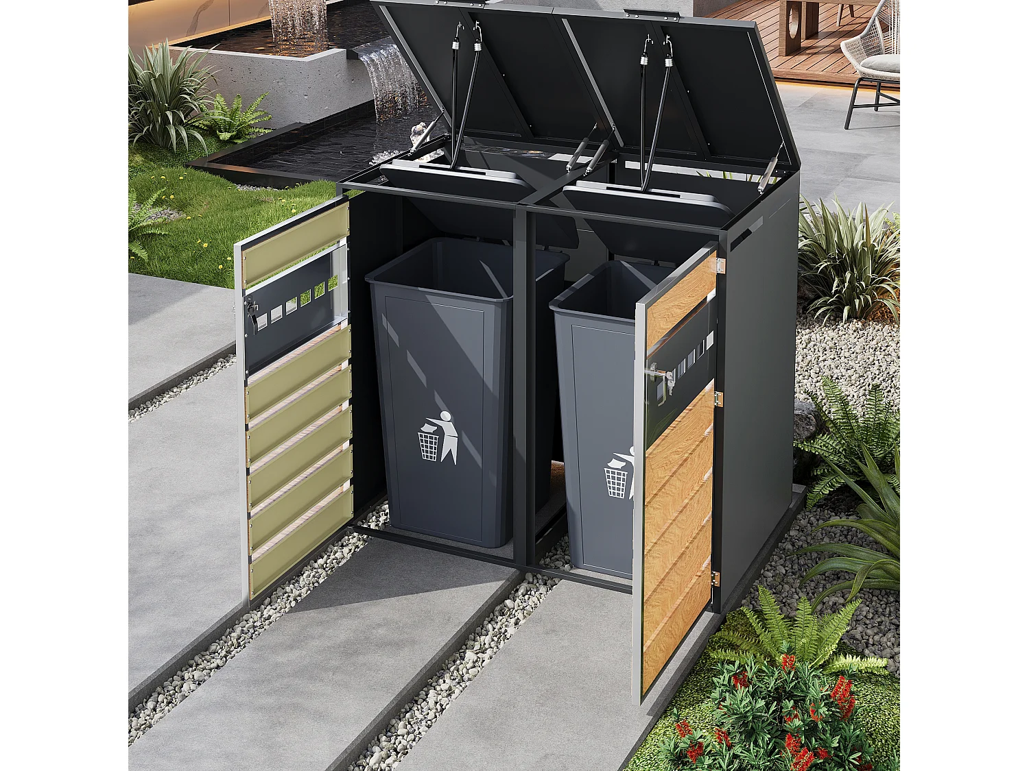 Abri pour 2 poubelles de jardin - 132 x 80 x 118.5 cm - avec couvercle à charnières + verrouillable + 2 portes - métal - gris + naturel