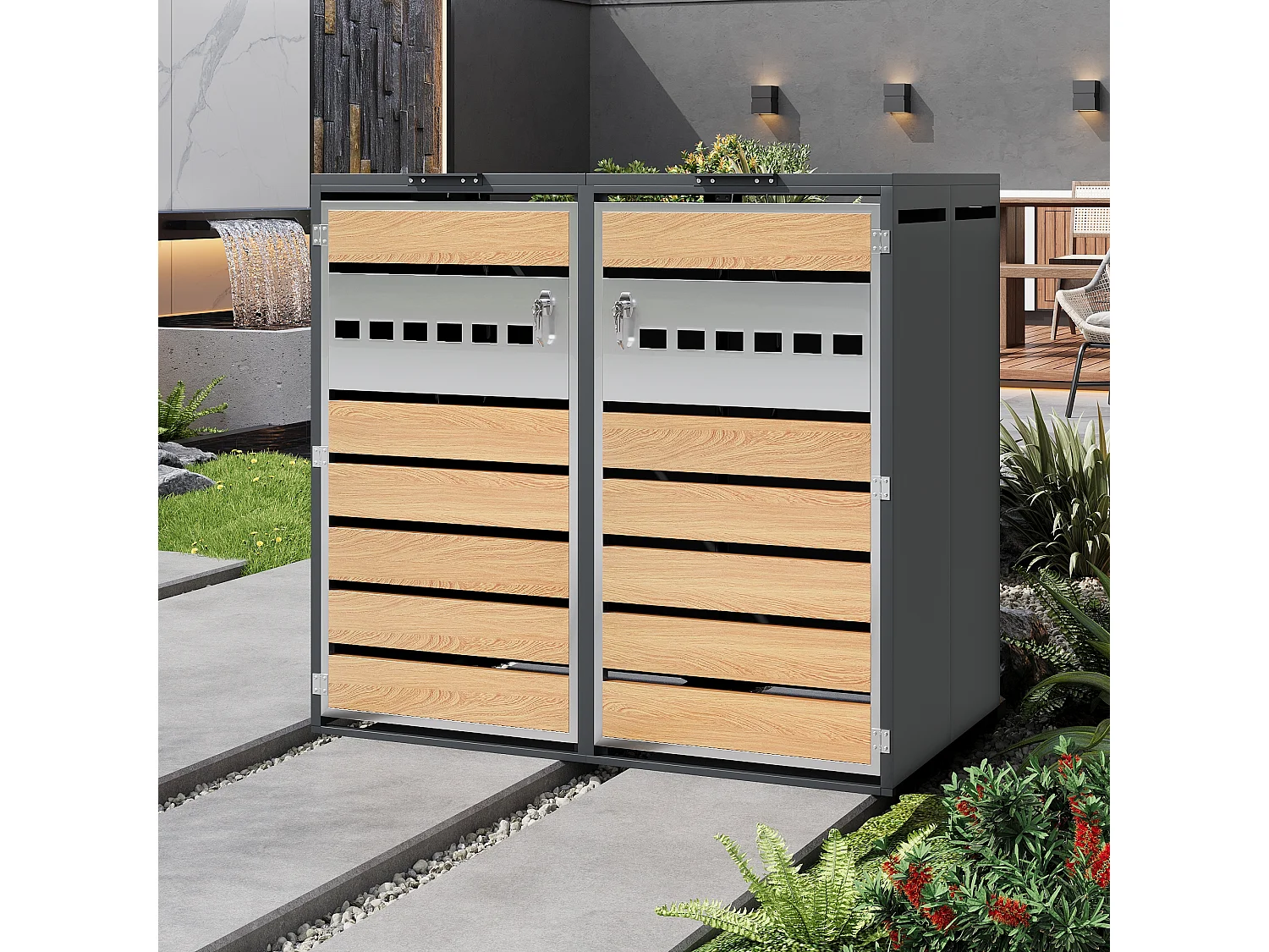 Abri pour 2 poubelles de jardin - 132 x 80 x 118.5 cm - avec couvercle à charnières + verrouillable + 2 portes - métal - gris + naturel