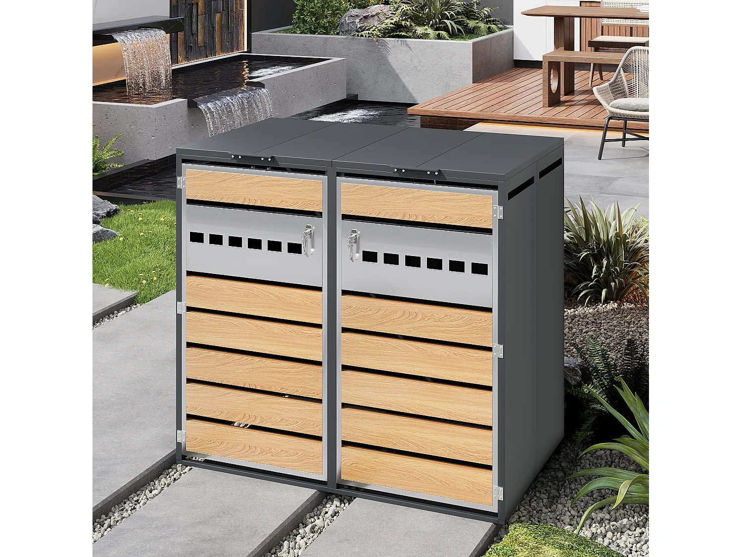 Abri pour 2 poubelles de jardin - 132 x 80 x 118.5 cm - avec couvercle à charnières + verrouillable + 2 portes - métal - gris + naturel