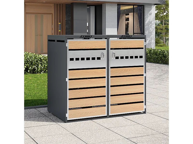 Abri pour 2 poubelles de jardin - 132 x 80 x 118.5 cm - avec couvercle à charnières + verrouillable + 2 portes - métal - gris + naturel