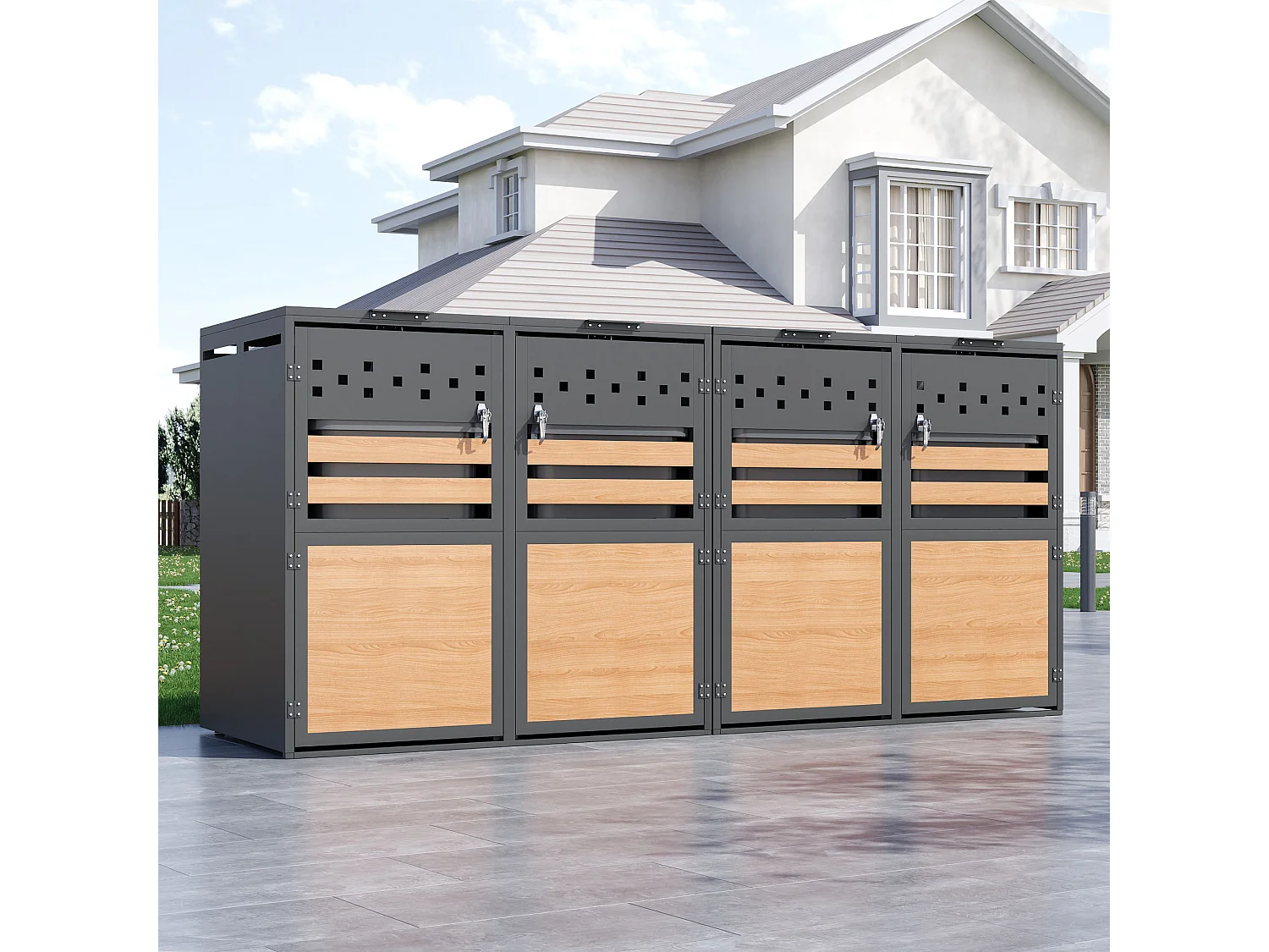 Abri pour 2 poubelles de jardin - 2 x 132 x 80 x 120 cm - avec couvercle à charnières + verrouillable + 2 portes - métal - gris + naturel