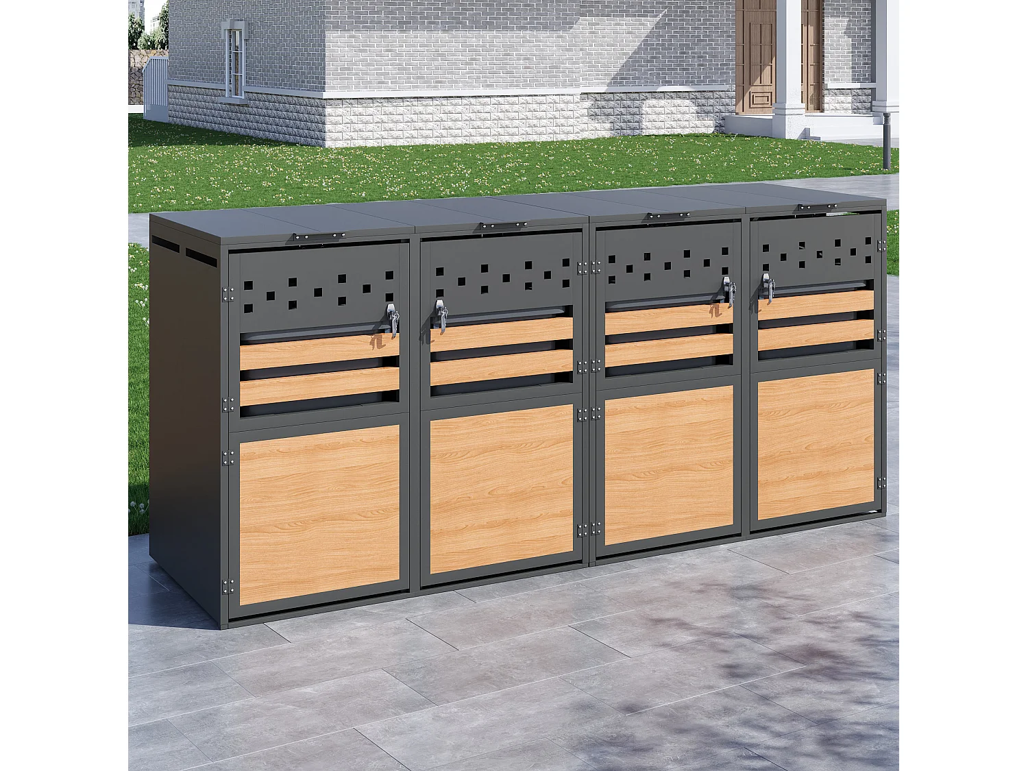 Abri pour 2 poubelles de jardin - 2 x 132 x 80 x 120 cm - avec couvercle à charnières + verrouillable + 2 portes - métal - gris + naturel