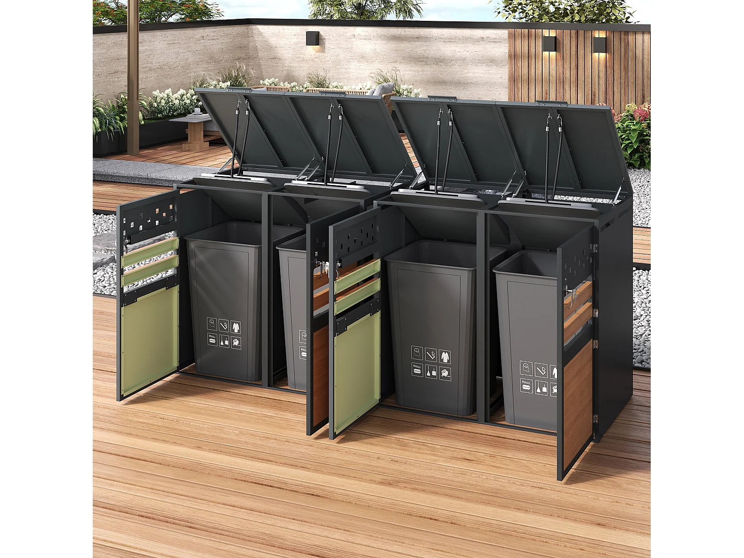 Abri pour 2 poubelles de jardin - 2 x 132 x 80 x 120 cm - avec couvercle à charnières + verrouillable + 2 portes - métal - gris + naturel