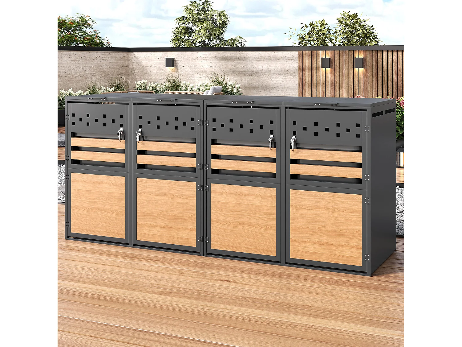 Abri pour 2 poubelles de jardin - 2 x 132 x 80 x 120 cm - avec couvercle à charnières + verrouillable + 2 portes - métal - gris + naturel