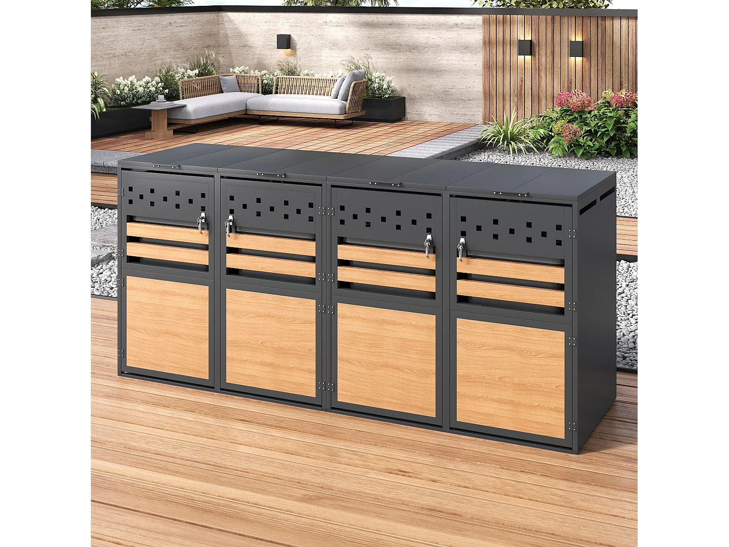 Abri pour 2 poubelles de jardin - 2 x 132 x 80 x 120 cm - avec couvercle à charnières + verrouillable + 2 portes - métal - gris + naturel