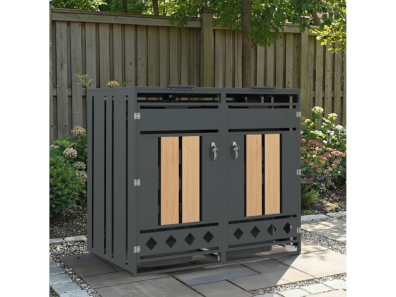 Abri pour 2 poubelles de jardin - 132 x 80 x 118.5 cm - avec couvercle à charnières + verrouillable + 2 portes - métal - gris + naturel