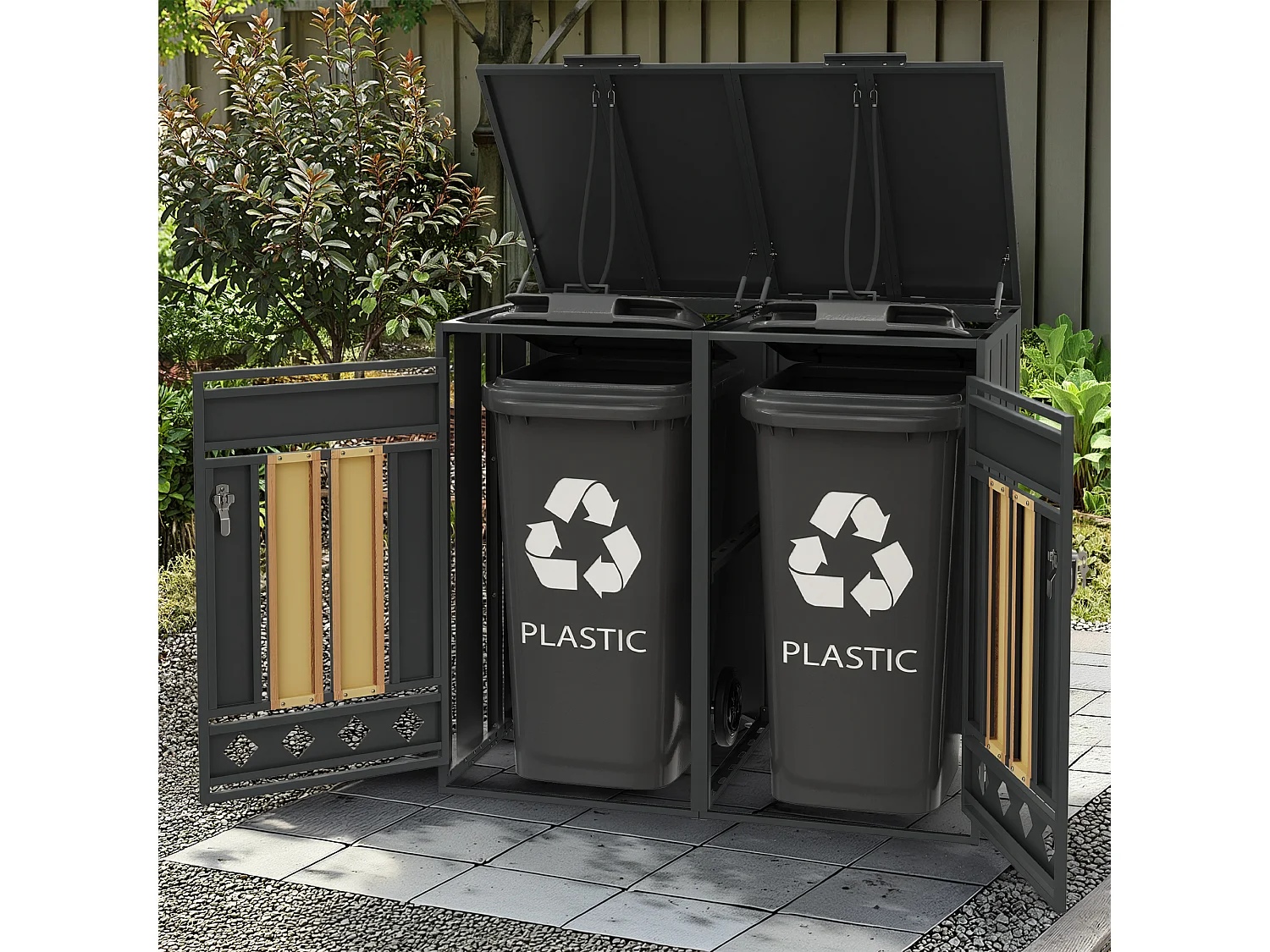 Abri pour 2 poubelles de jardin - 132 x 80 x 118.5 cm - avec couvercle à charnières + verrouillable + 2 portes - métal - gris + naturel