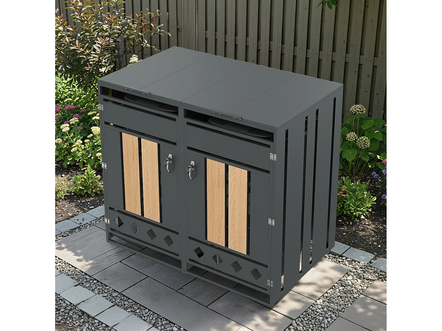 Abri pour 2 poubelles de jardin - 132 x 80 x 118.5 cm - avec couvercle à charnières + verrouillable + 2 portes - métal - gris + naturel