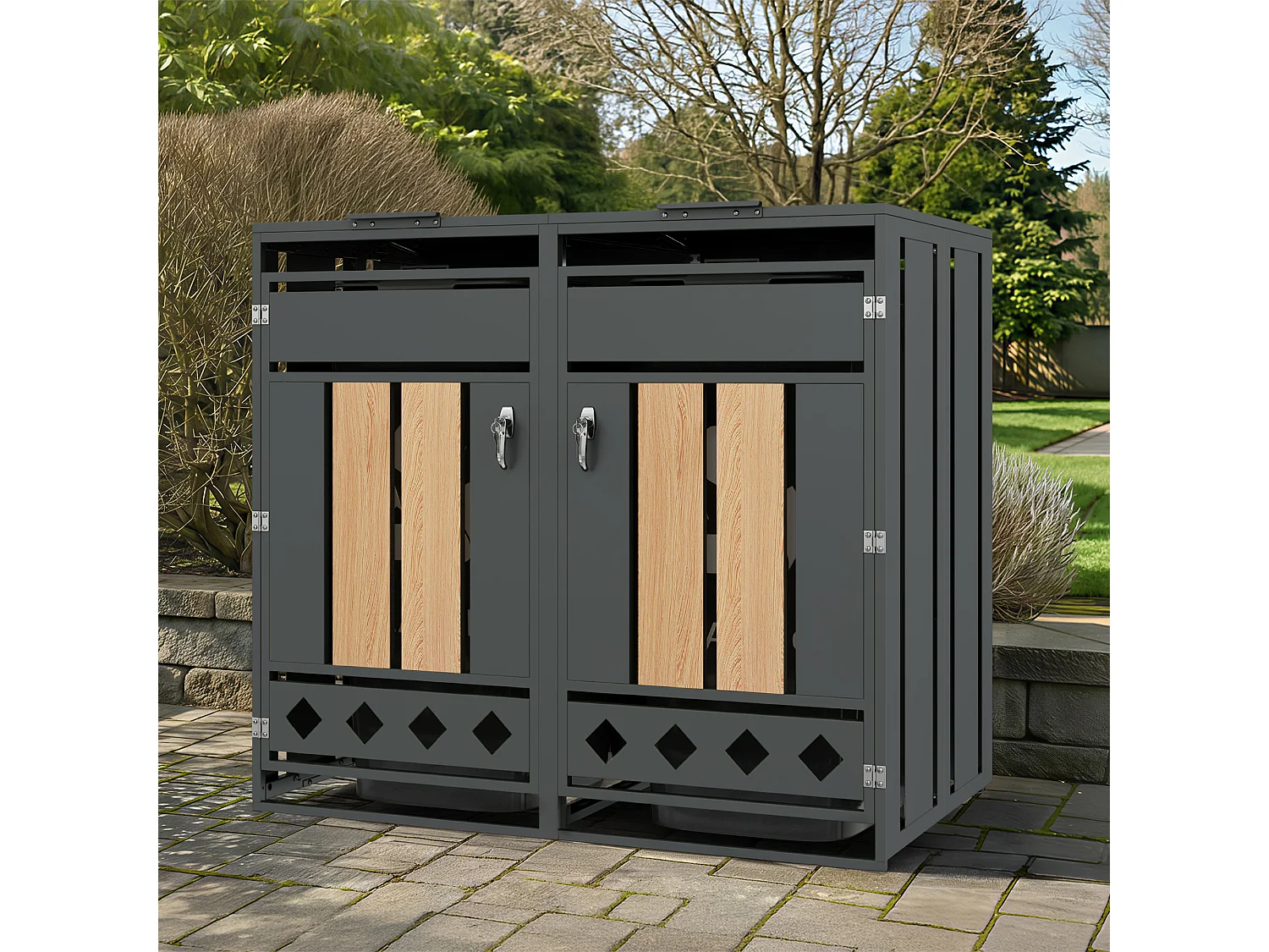 Abri pour 2 poubelles de jardin - 132 x 80 x 118.5 cm - avec couvercle à charnières + verrouillable + 2 portes - métal - gris + naturel