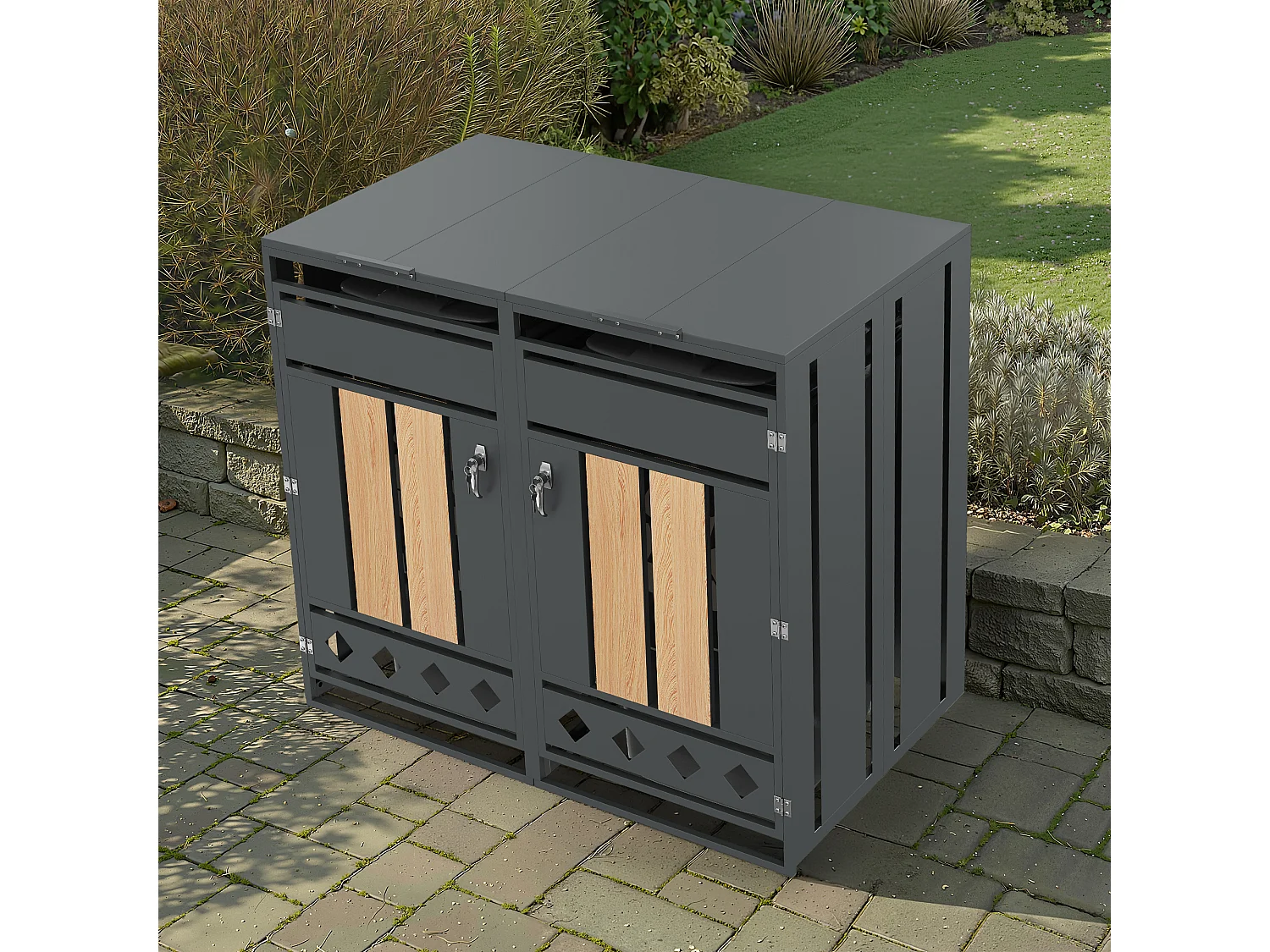 Abri pour 2 poubelles de jardin - 132 x 80 x 118.5 cm - avec couvercle à charnières + verrouillable + 2 portes - métal - gris + naturel