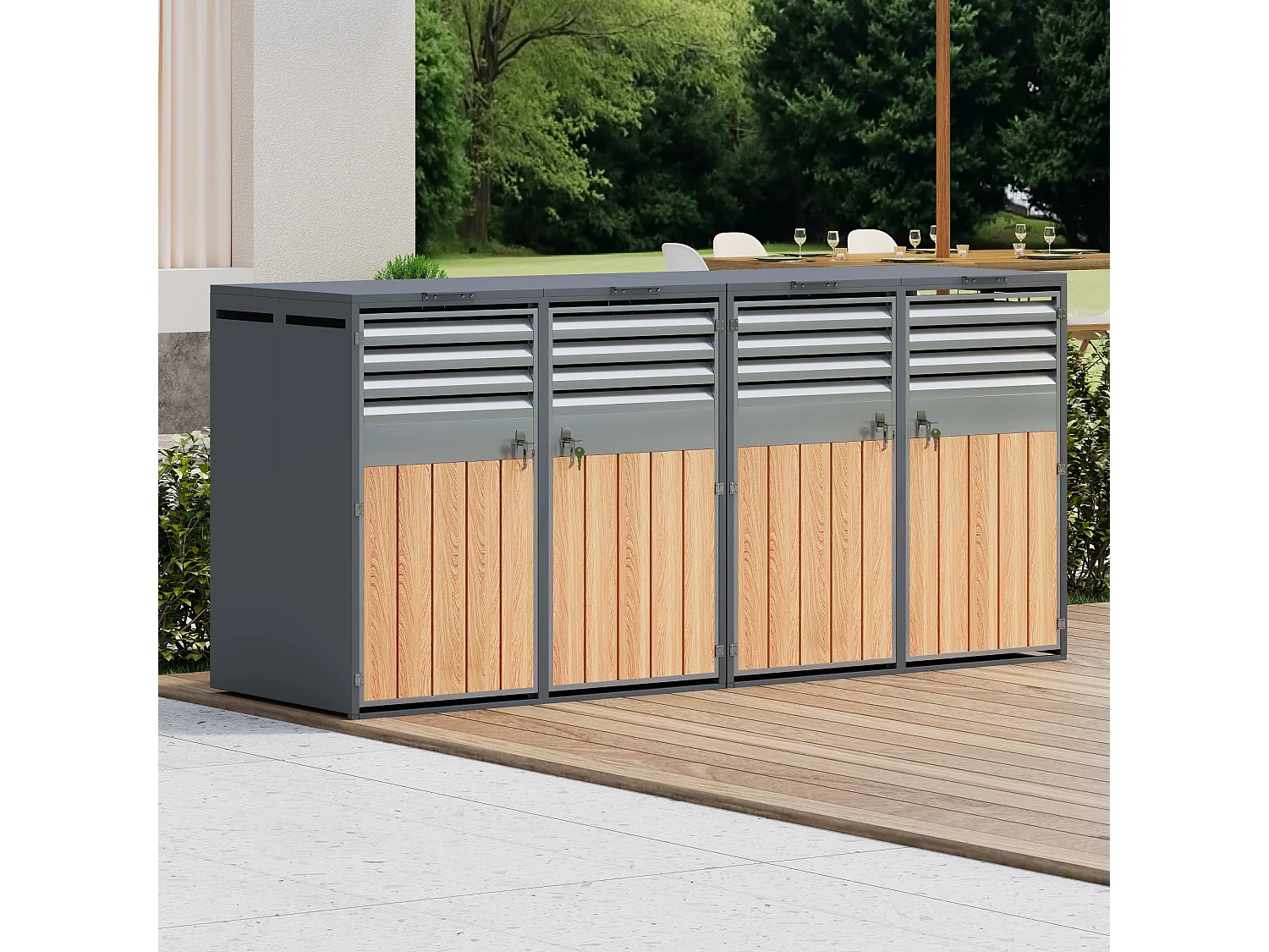 Abri pour 4 poubelles de jardin - 2 x 132 x 80 x 118.5 cm - avec couvercle à charnières + verrouillable + 2 portes - métal - gris + naturel