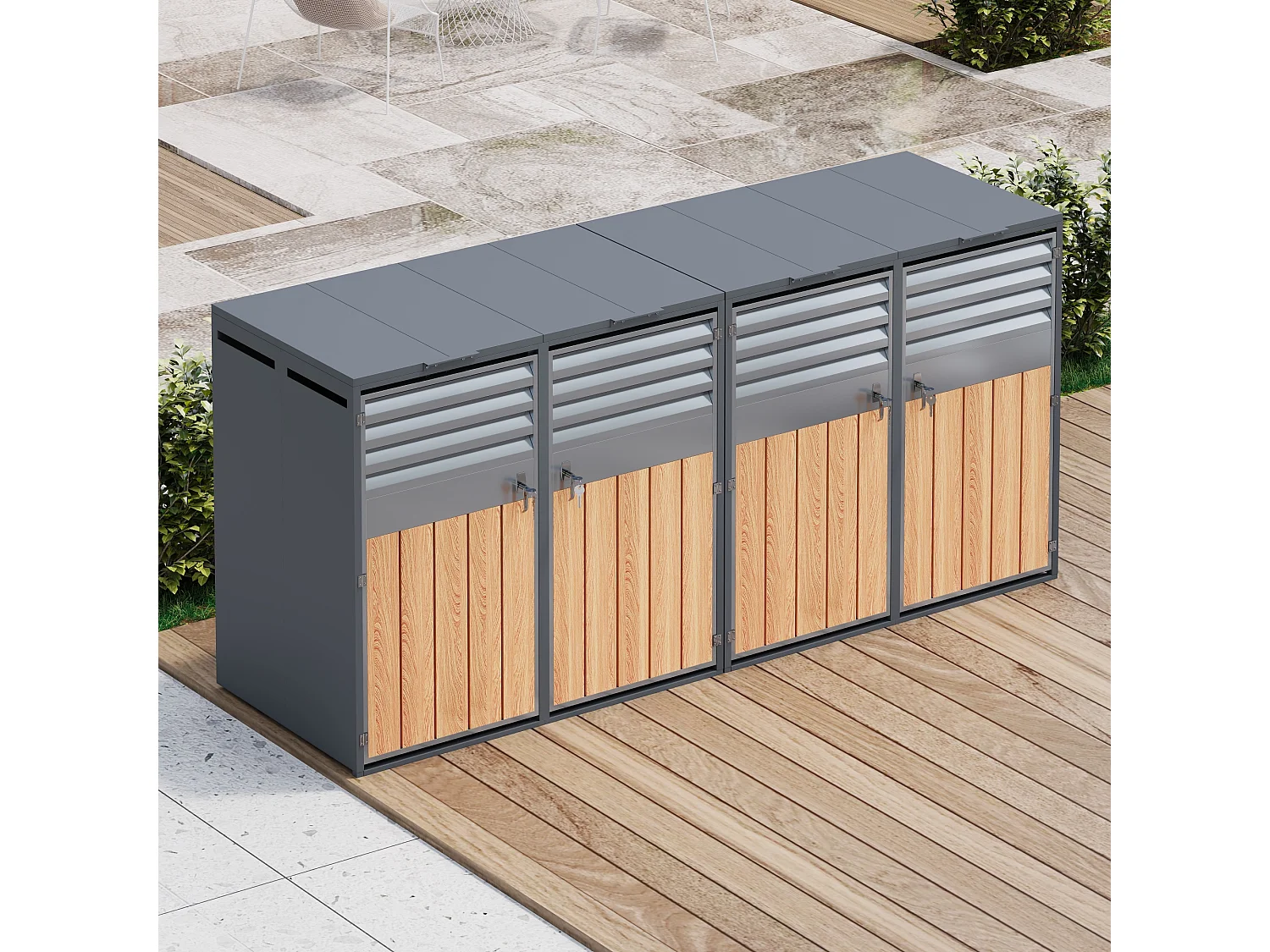 Abri pour 4 poubelles de jardin - 2 x 132 x 80 x 118.5 cm - avec couvercle à charnières + verrouillable + 2 portes - métal - gris + naturel