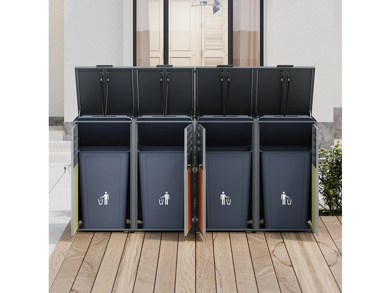 Abri pour 4 poubelles de jardin - 2 x 132 x 80 x 118.5 cm - avec couvercle à charnières + verrouillable + 2 portes - métal - gris + naturel