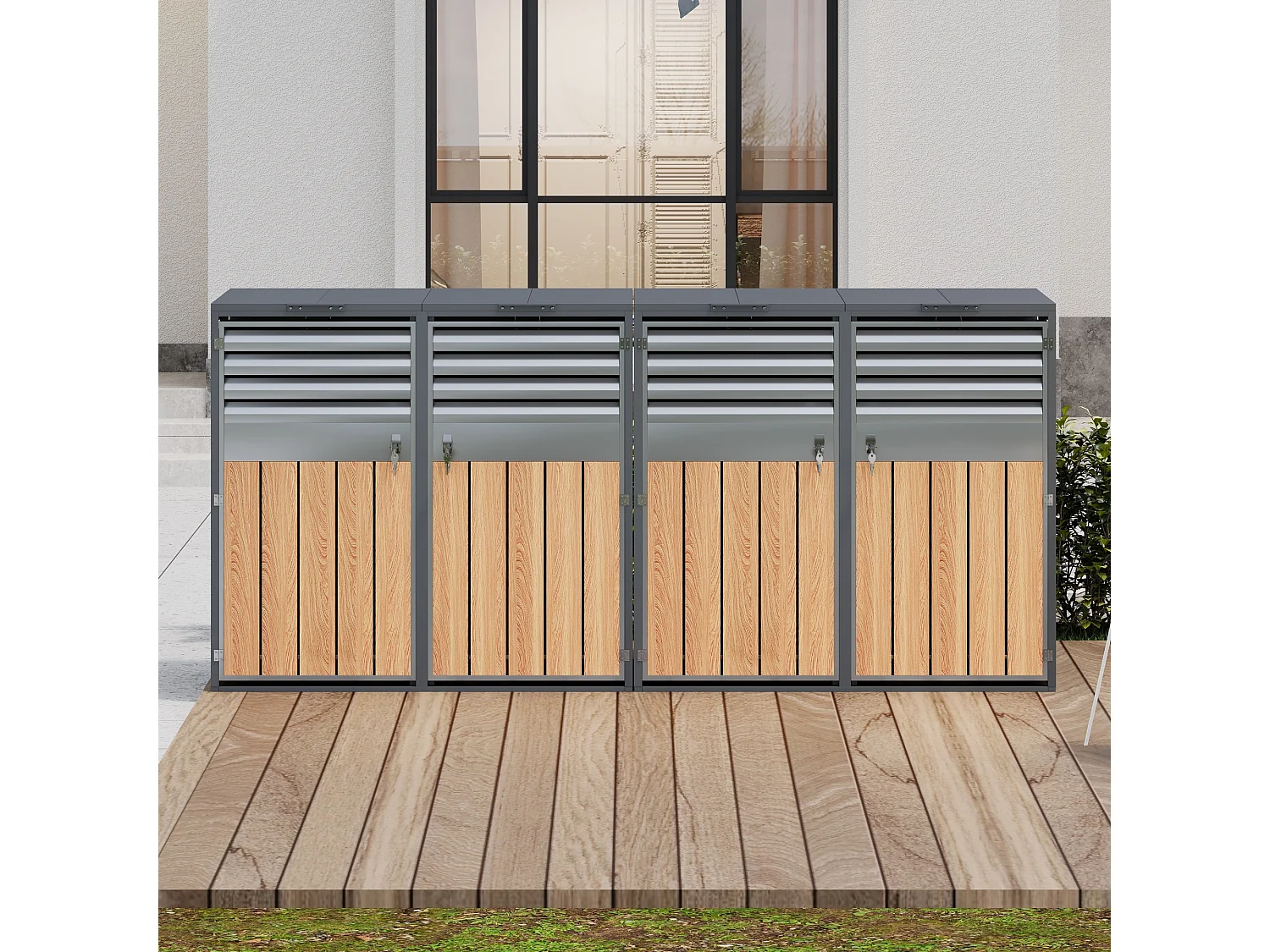 Abri pour 4 poubelles de jardin - 2 x 132 x 80 x 118.5 cm - avec couvercle à charnières + verrouillable + 2 portes - métal - gris + naturel